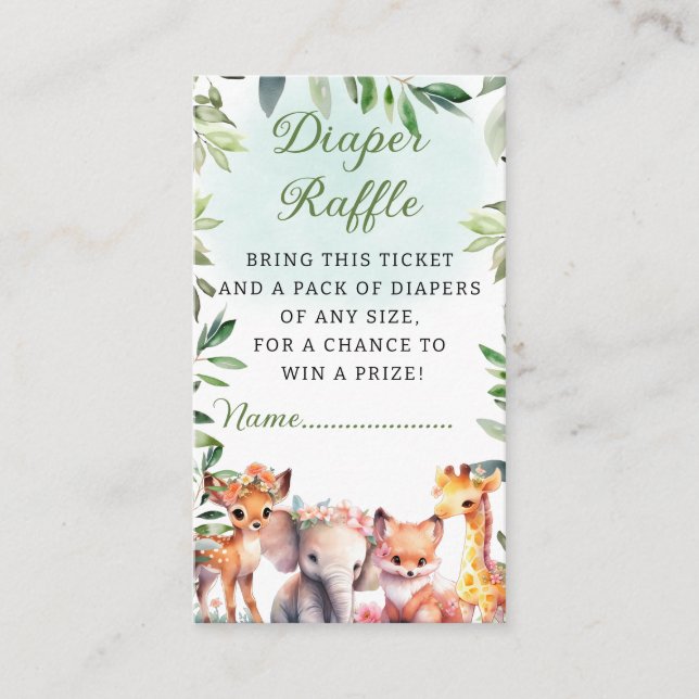 Tarjeta De Recepción Boho Woodland Greenery Animals Diaper Raffle Card (Anverso)