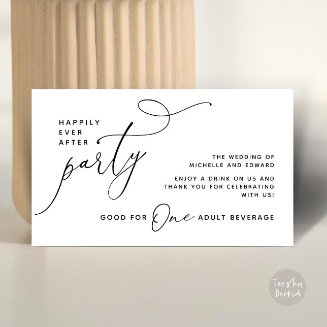 Tarjeta De Recepción Boleto de Bebida Bebida para Adultos Felices por S (Drink Ticket One Adult Beverage Romantic Wedding Happily Ever After Dinner Party Black White)