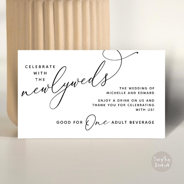 Tarjeta De Recepción Boleto de bebida para adulto Bebida Felices para S (Drink Ticket One Adult Beverage Romantic Wedding Newlyweds Dinner Party Black White)