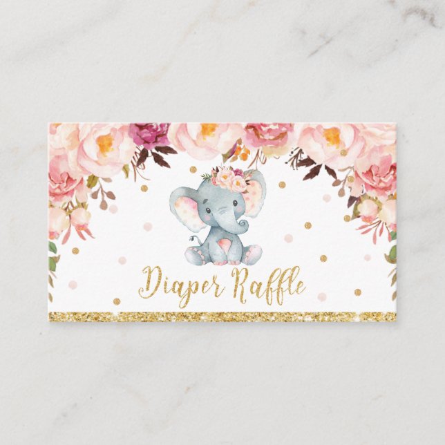 Tarjeta De Recepción Boleto de Elephant Floral Baby Shower Diaper Raffl (Anverso)