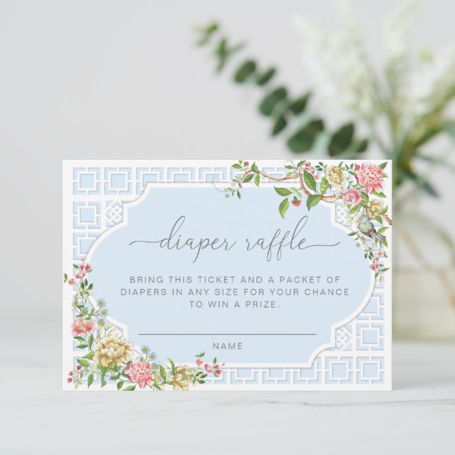 Tarjeta De Recepción Boleto de la serie azul Chinoiserie Diaper Raffle  (Anverso de pie)