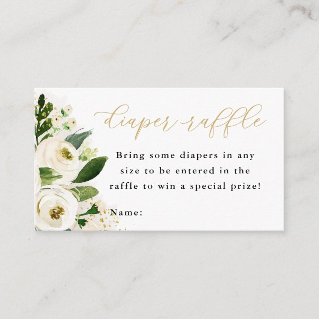 Tarjeta De Recepción Boleto de Raffle con bebé floral blanco y dorado (Anverso)