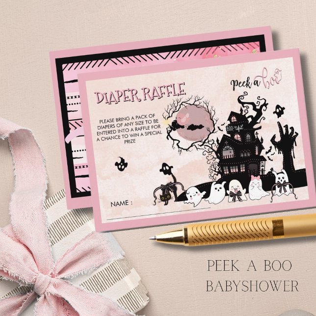 Tarjeta De Recepción Boleto de Raffle de pañales rosados y negros espel (Spooky-Cute Pink & Black Diaper Raffle Ticket Enclosure Card)