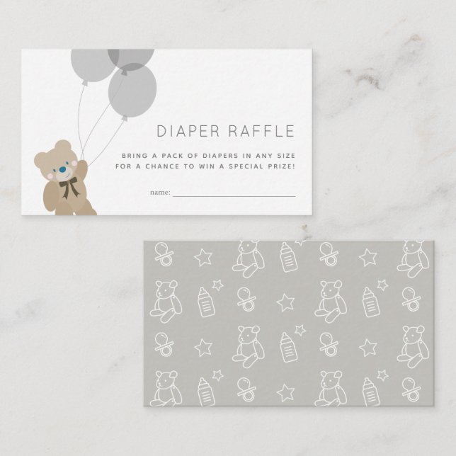 Tarjeta De Recepción Boleto de Raffle Gray Diaper de Oso y Globos (Anverso / Reverso)
