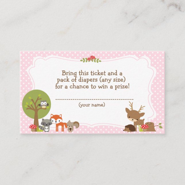Tarjeta De Recepción Boleto de Woodland Baby Shower Diaper Raffle rosa (Anverso)