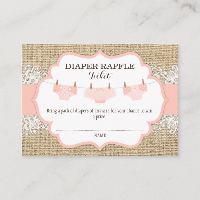 Tarjeta De Recepción Boleto Rústico Burlap Lace Coral Diaper Raffle (Anverso)
