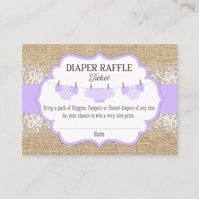 Tarjeta De Recepción Boleto Rústico Burlap Lace Lavender Diaper Raffle  (Anverso)