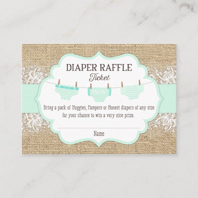 Tarjeta De Recepción Boleto Rústico Burlap Lace Seafoam Diaper Raffle (Anverso)
