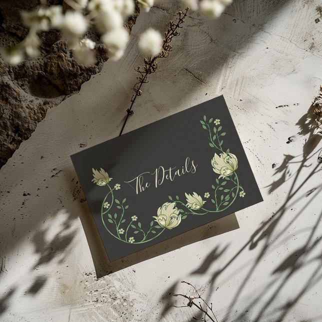 Tarjeta De Recepción Bonito art nouveau flores The Details (Dark background Art Nouveau style pretty flowers frame with "The Details" written in elegent script)