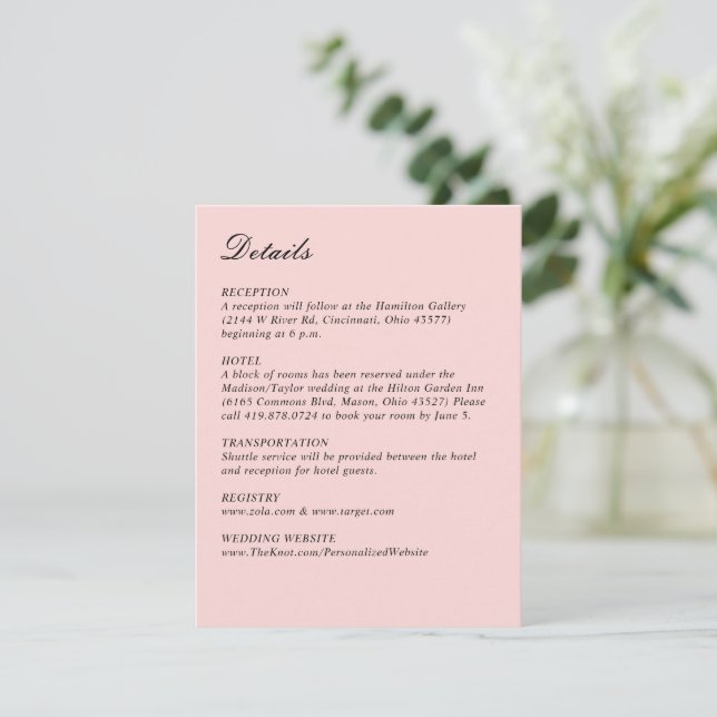 Tarjeta De Recepción Bonito de script simple Boda rosa vertical (Anverso de pie)