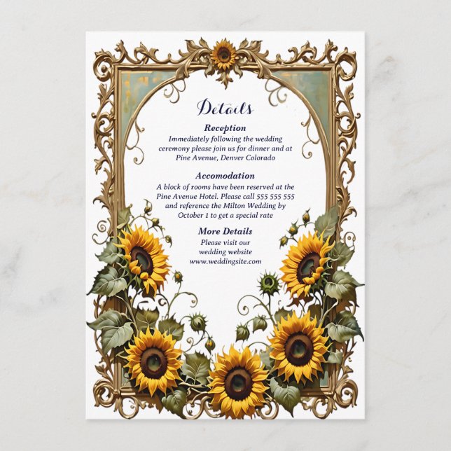 Tarjeta De Recepción Bonito girasol amarillo con boda de marco de arte (Anverso)