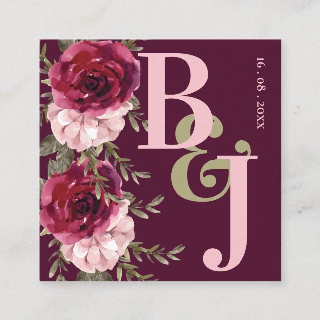 Tarjeta De Recepción Bonito Monograma Borgoña Rubor Boda Floral Rosa (Anverso)