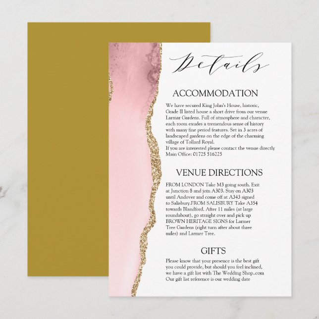 Tarjeta De Recepción Bonito Rubor Agate Rosado detalles del boda modern (Anverso / Reverso)