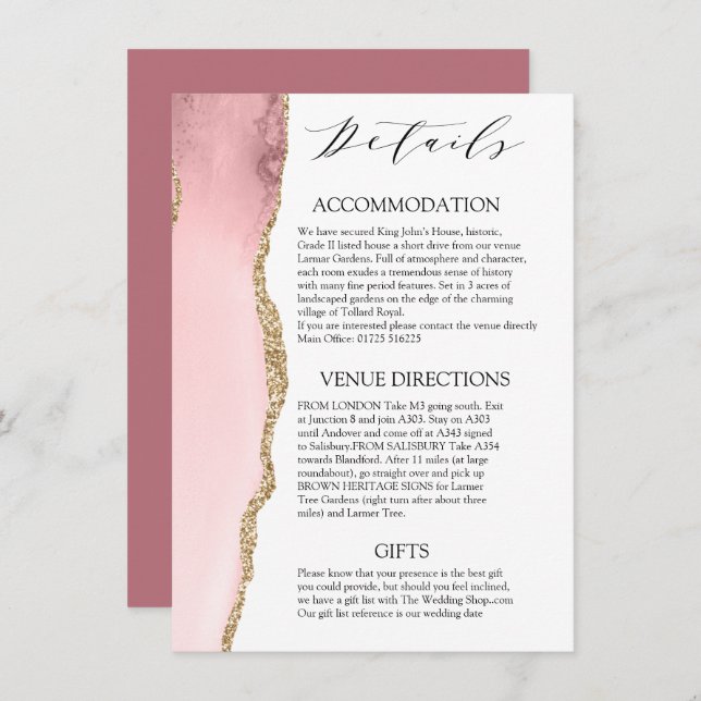 Tarjeta De Recepción Bonito Rubor Agate Rosado detalles del boda modern (Anverso / Reverso)