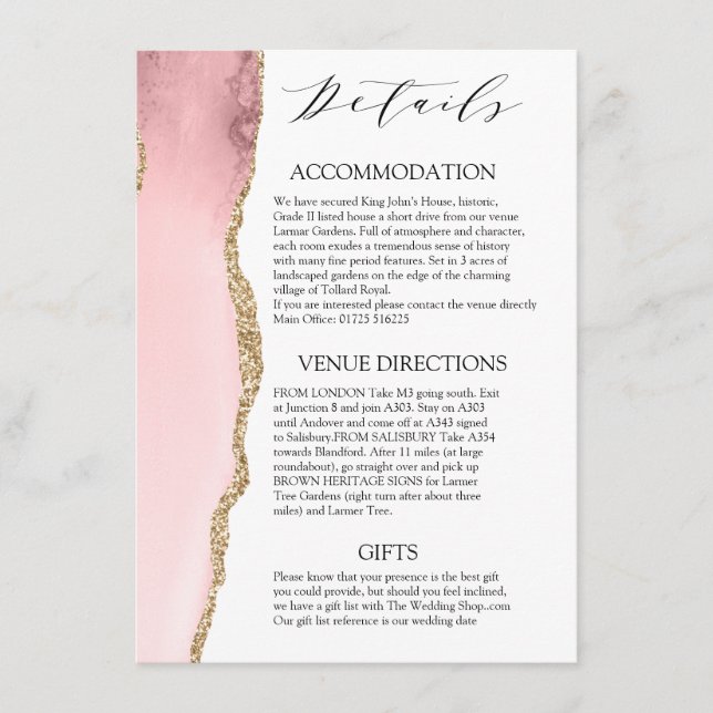 Tarjeta De Recepción Bonito Rubor Agate Rosado detalles del boda modern (Anverso)