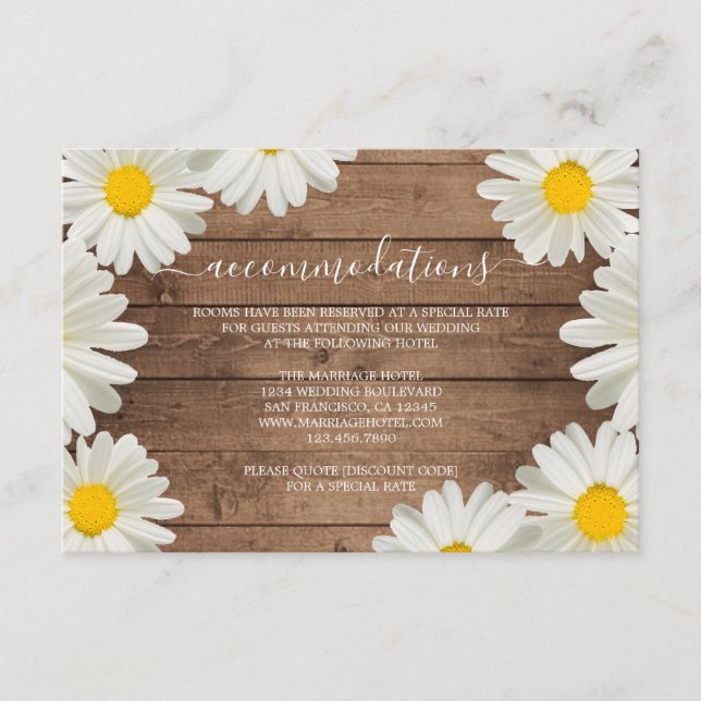 Tarjeta De Recepción Bonitos Daisies Información Rustic Wood Boda (Anverso)