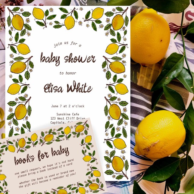 Tarjeta De Recepción Bonitos libros de acuarela rústicos para bebés (Lovely Lemons Rustic CUSTOM enclosure card books for baby BABY SHOWER Invitation
)