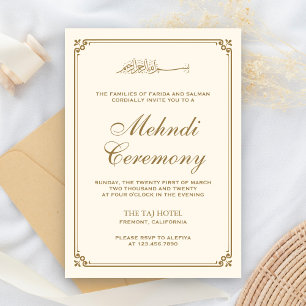 Tarjeta De Recepción Bordado Musulmán de Mehndi en Crema y Dorado