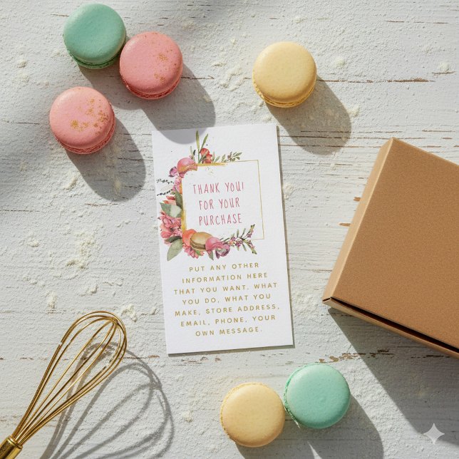 Tarjeta De Recepción Borde dorado de flores y macarons (Flowers and macaroons gold border thank you enclosure card for customer orders.)