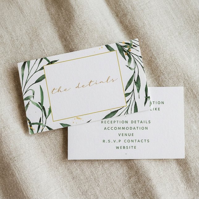 Tarjeta De Recepción Borde simple de hojas verdes, boda "los detalles" (Simple green leafy border, "the details" wedding enclosure card.)