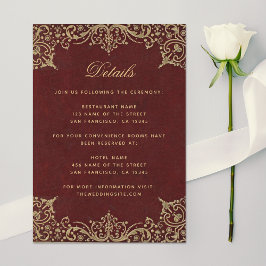 Tarjeta De Recepción Borgoña elegante detalles Boda de oro vintage