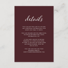 Tarjeta De Recepción Borgoña elegante | Detalles del invitado del Boda