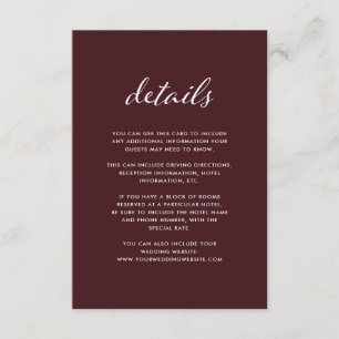 Tarjeta De Recepción Borgoña elegante   Detalles del invitado del Boda