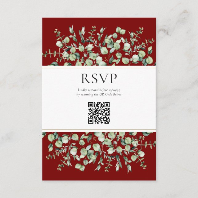 Tarjeta De Recepción Borgoña Eucalyptus Código QR Boda RSVP (Anverso)