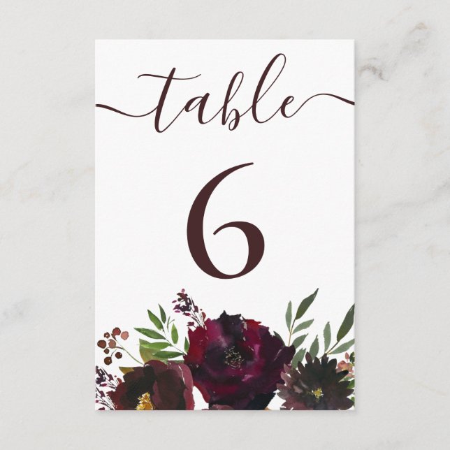 Tarjeta De Recepción Borgoña Floral Script Boda Número de tabla (Anverso)