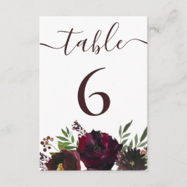 Tarjeta De Recepción Borgoña Floral Script Boda Número de tabla