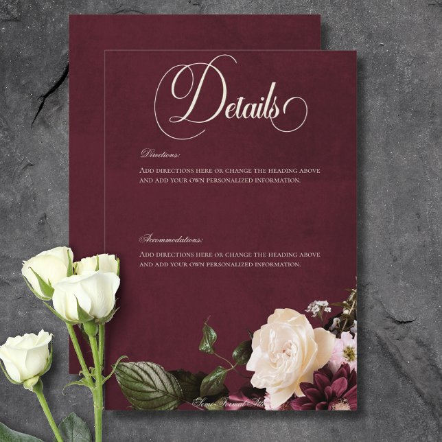 Tarjeta De Recepción Borgoña oscuro elegante y detalles florales crema (Dark Elegant Burgundy & Cream Floral Details Enclosure Card)