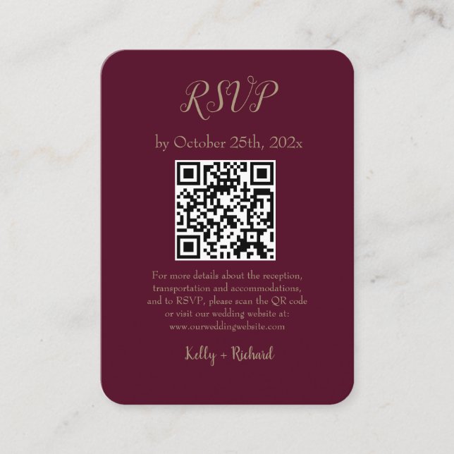 Tarjeta De Recepción Borgoña Pequeña Boda Vertical RSVP Código QR (Anverso)