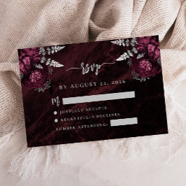 Tarjeta De Recepción Borgoña Plata Floral Agate Script Wedding RSVP