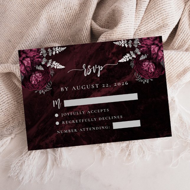 Tarjeta De Recepción Borgoña Plata Floral Agate Script Wedding RSVP (Subido por el creador)