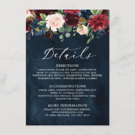 Tarjeta De Recepción Borgoña Rubor Navy Blue Botanical Floral Boho