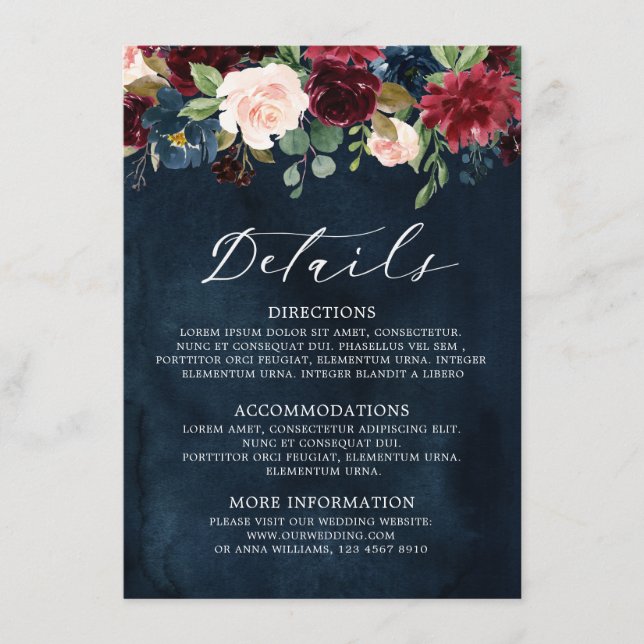 Tarjeta De Recepción Borgoña Rubor Navy Blue Botanical Floral Boho (Anverso)