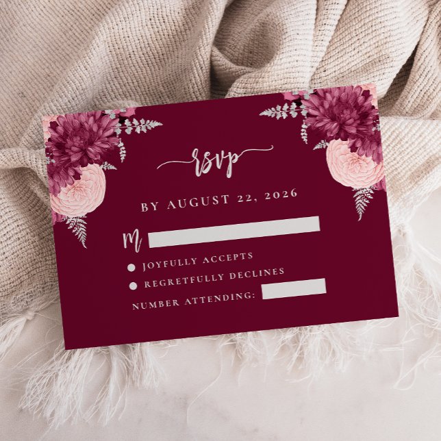 Tarjeta De Recepción Borgoña Rubor Silver Floral Script Wedding RSVP (Subido por el creador)