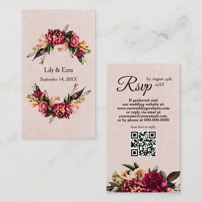 Tarjeta De Recepción Borgoña y Rubor QR Code RSVP (Anverso / Reverso)