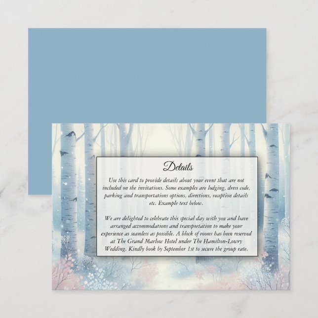 Tarjeta De Recepción Bosque de abedul azul escarchado de boda (Anverso / Reverso)