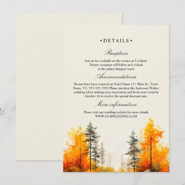 Tarjeta De Recepción Bosque de otoño, bodas de pinos (Anverso / Reverso)