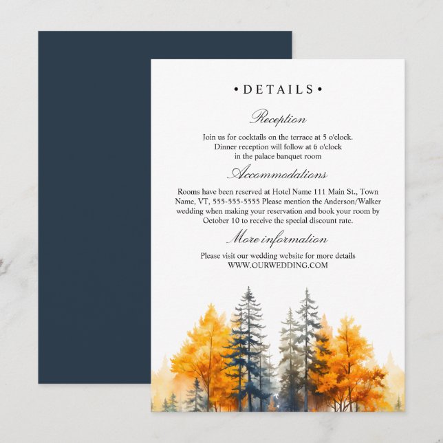 Tarjeta De Recepción Bosque de otoño, bodas de pinos (Anverso / Reverso)