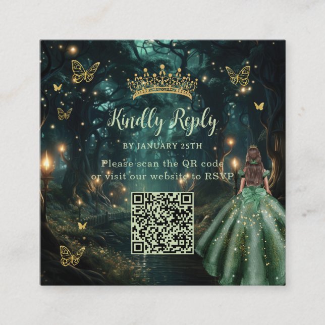 Tarjeta De Recepción Bosque encantado Esmeralda Verde Quinceañera QR RS (Anverso)