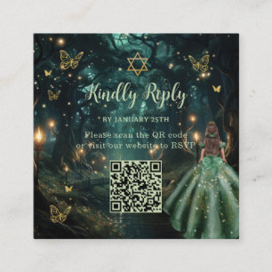 Tarjeta De Recepción Bosque Encantado Verde Esmeralda Bat Mitzvah QR RS