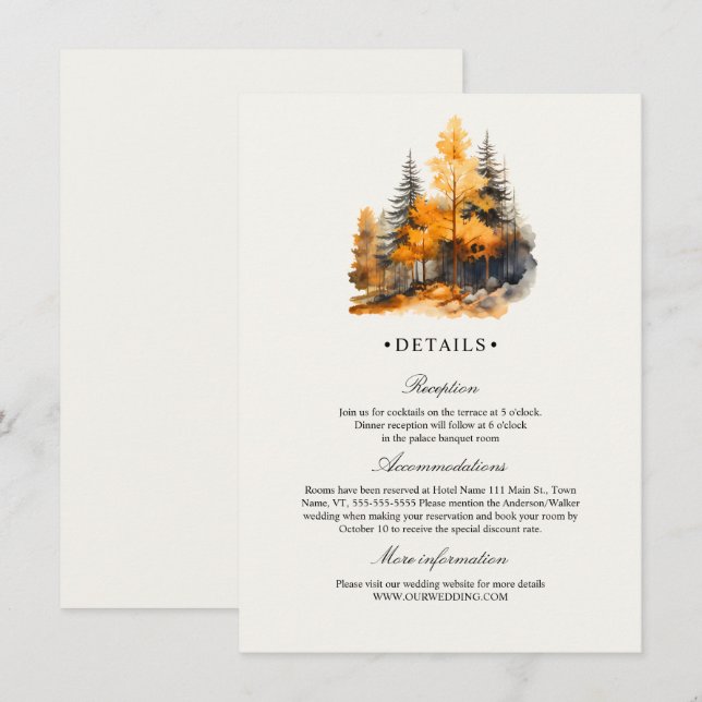 Tarjeta De Recepción Bosque otoñal, árboles de pino boda detalles (Anverso / Reverso)