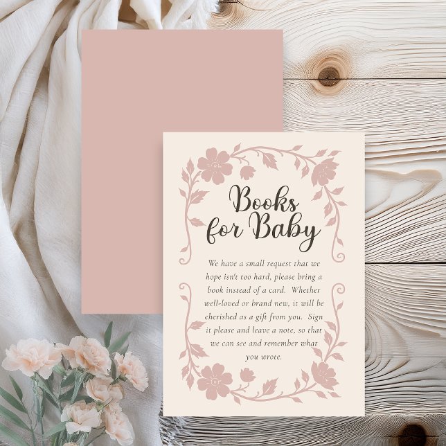 Tarjeta De Recepción Botanical Baby Shower Book Request Card Blush (Elegant botanical baby shower book request card with soft blush floral design on neutral background )