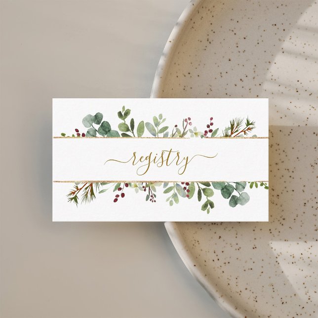 Tarjeta De Recepción Botanical Greenery Christmas Wedding Registry Gold (Subido por el creador)