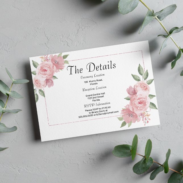 Tarjeta De Recepción Botanical mint pastel pink floral Details Card (Botanical mint pastel pink floral Details)