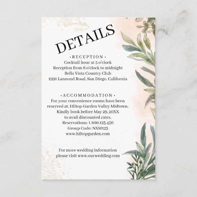 Tarjeta De Recepción Botanical Watercolor Wedding Enclosure Card  (Anverso)