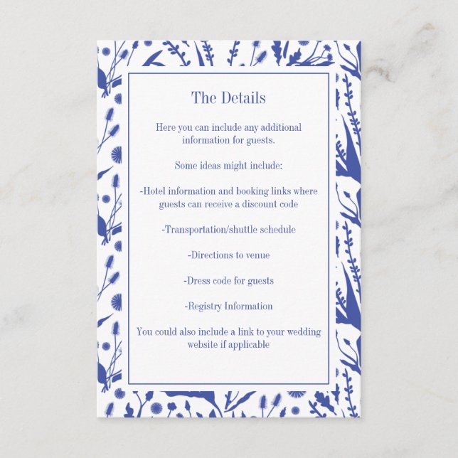 Tarjeta De Recepción Botánicos clásicos elegantes en Boda azul (Anverso)