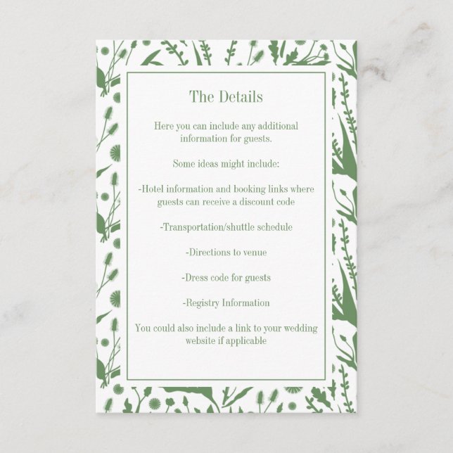 Tarjeta De Recepción Botánicos clásicos elegantes en el Boda verde sabi (Anverso)